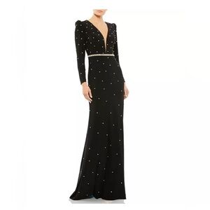 Mac Duggal Belted Jewel Encrusted Plunge Neck Long Sleeve Gown Size 10